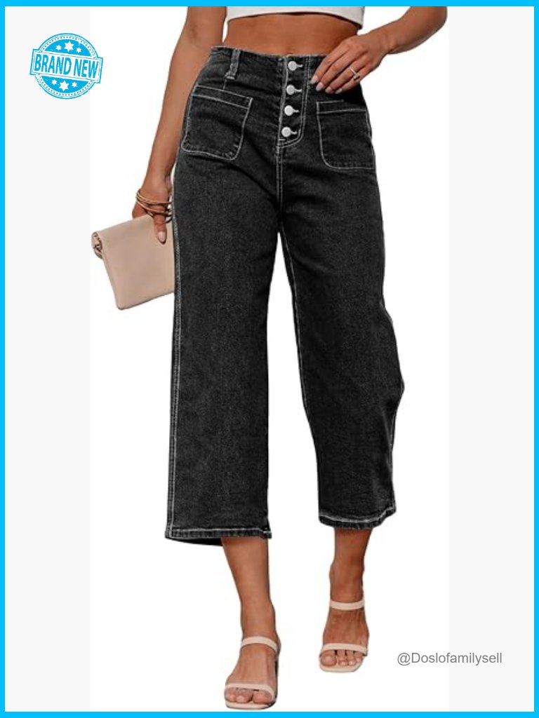 High Waisted Wide Leg Cropped Jeans Stretchy Pull On Tummy Control Chic